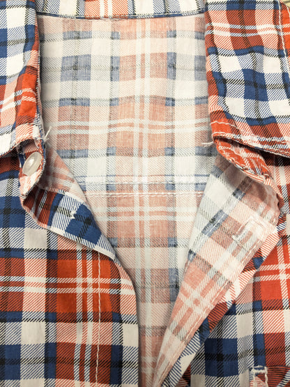 Camisa Vintage de los 70 manga corta. Azul blanco rojo revisado. Tamaño M.