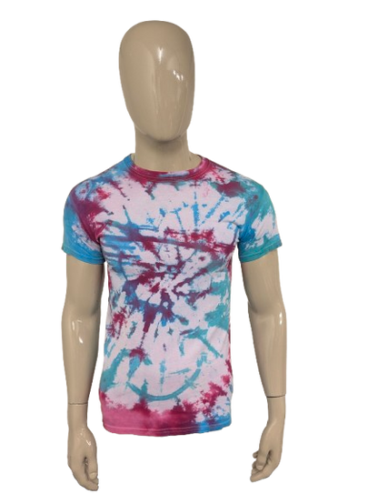 Cravage de la chemise de teinture. Impression bleu vert rose. Taille S.