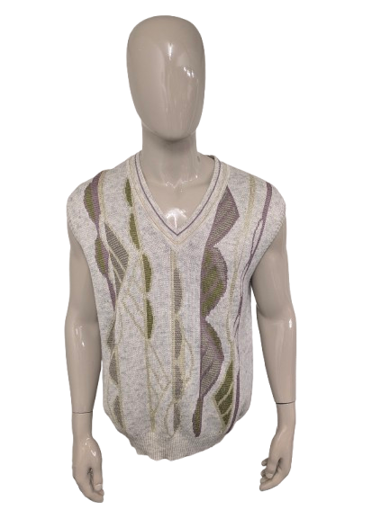 Vintage Frank Alexs Woll-Spencer mit V-Ausschnitt – Beige/Grün/Gelb/Lila – Größe XL
