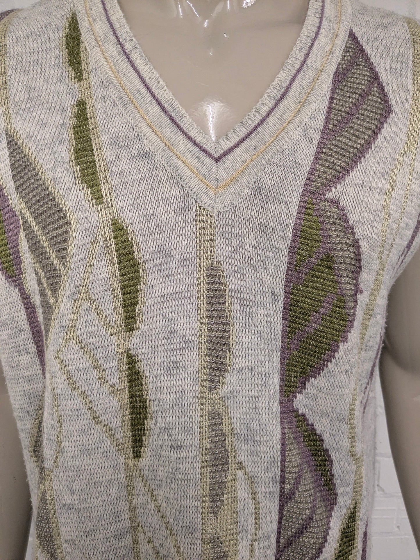 Lana vintage Frank Alexs Spencer con scollo a V. Viola giallo verde beige colorato. Taglia XL.