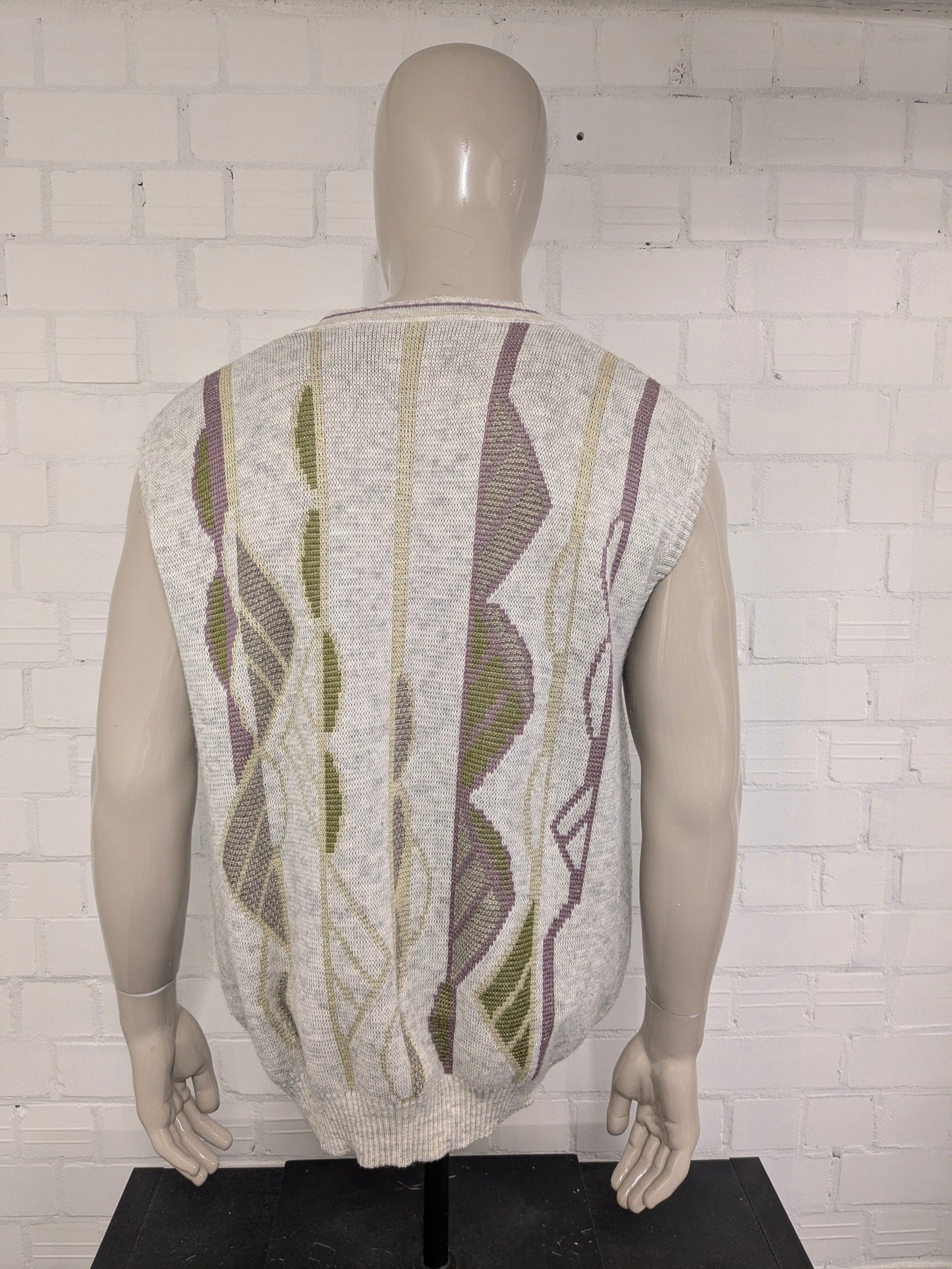 Lana vintage Frank Alexs Spencer con scollo a V. Viola giallo verde beige colorato. Taglia XL.