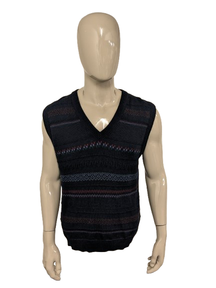 Vintage Wollpullover mit V-Ausschnitt – dunkelblau/rot/grün/lila – Größe L