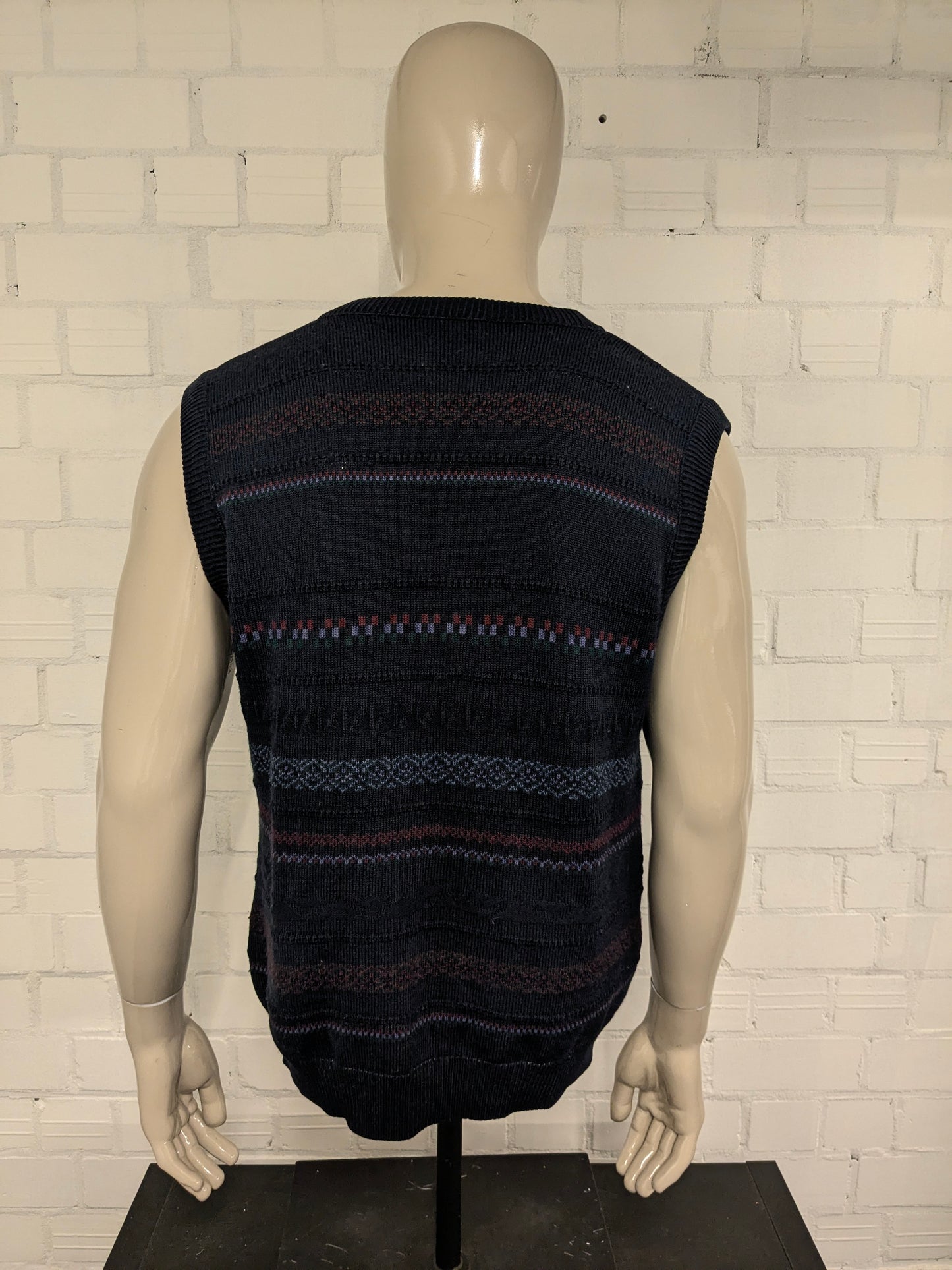 Spencer in lana vintage con scollo a V. Viola verde rosso blu scuro colorato. Taglia L.