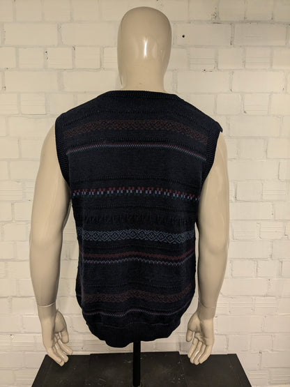 Spencer in lana vintage con scollo a V. Viola verde rosso blu scuro colorato. Taglia L.