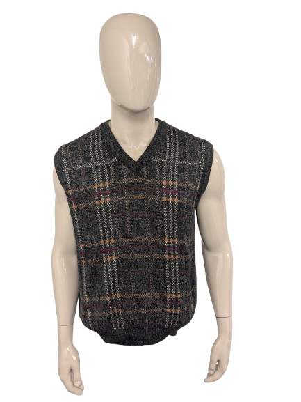 Marc René Wollen spencer met V-Hals. Grijs Rood Geel gekleurd. Maat L.