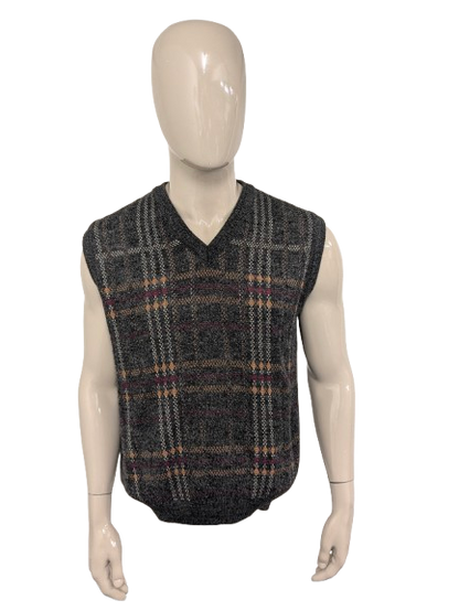 Marc René Wollen spencer met V-Hals. Grijs Rood Geel gekleurd. Maat L.