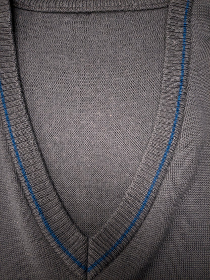 Vintage März Wollen spencer met V-Hals. Grijs Blauw gekleurd. Maat XL.