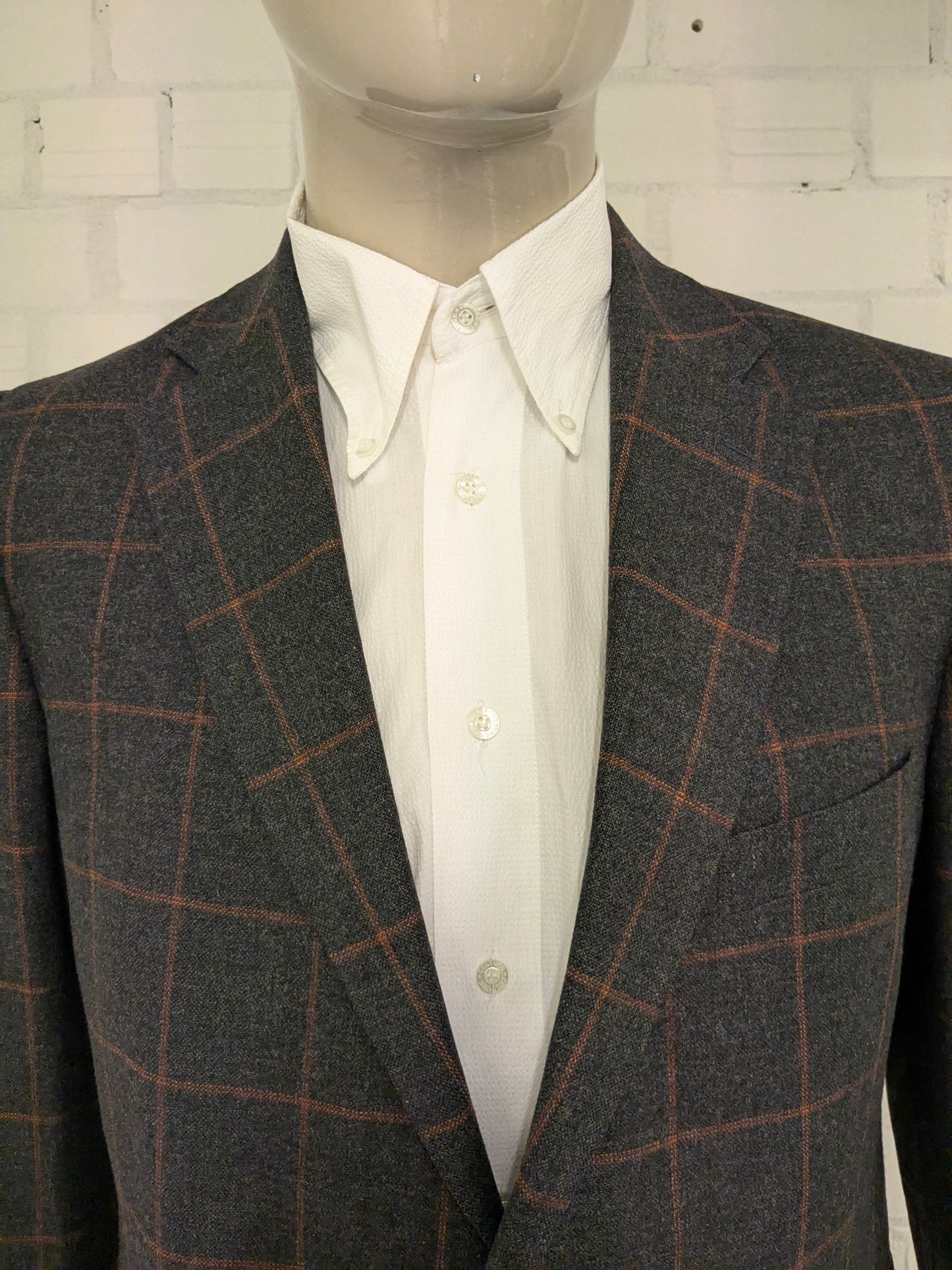 Eduard Dressler Wollen colbert. Bruin Oranje geruit. Maat 26 (52 / L).