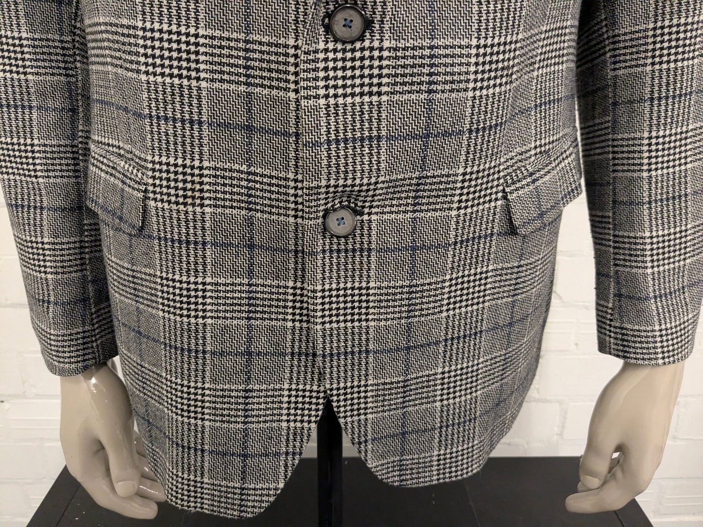 Pierre Cardin Wollen colbert. Zwart Beige Blauw geruit. Maat 27. (54 / L).