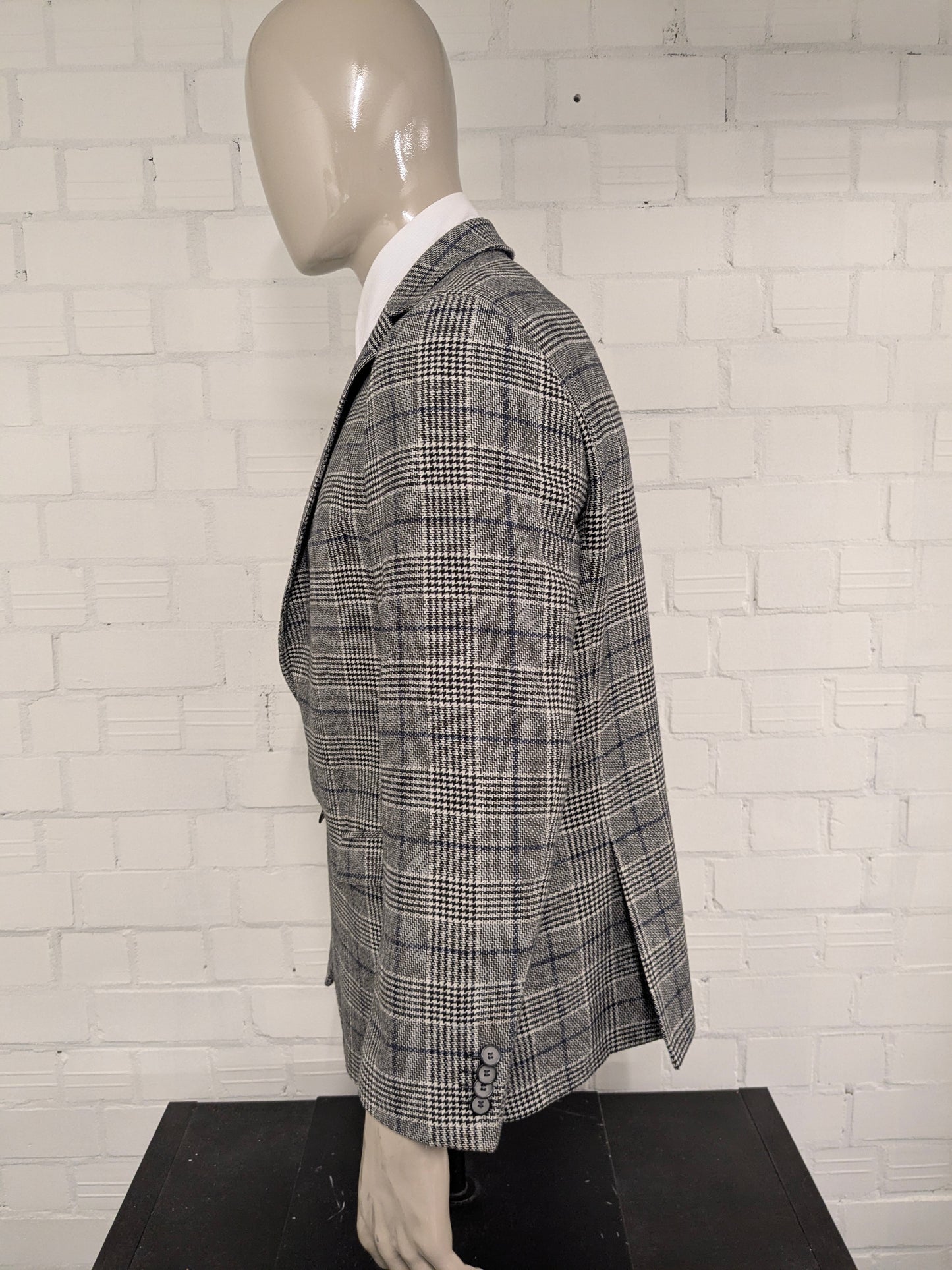 Pierre Cardin Wollen colbert. Zwart Beige Blauw geruit. Maat 27. (54 / L).