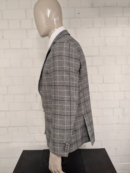 Pierre Cardin Wollen colbert. Zwart Beige Blauw geruit. Maat 27. (54 / L).