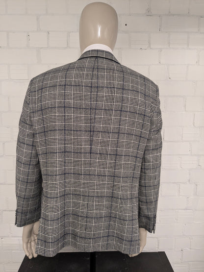 Pierre Cardin Wollen colbert. Zwart Beige Blauw geruit. Maat 27. (54 / L).