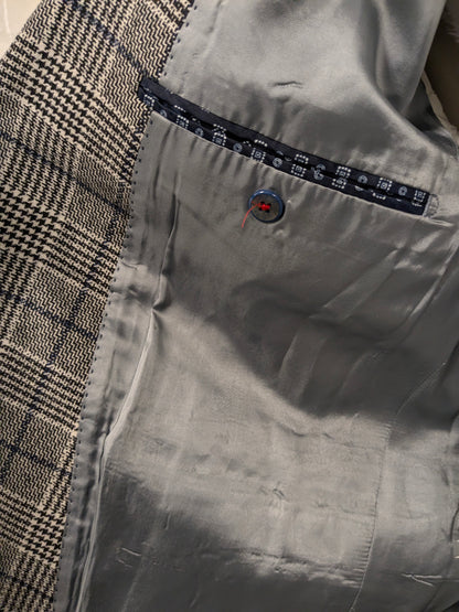 Pierre Cardin Wollen colbert. Zwart Beige Blauw geruit. Maat 27. (54 / L).