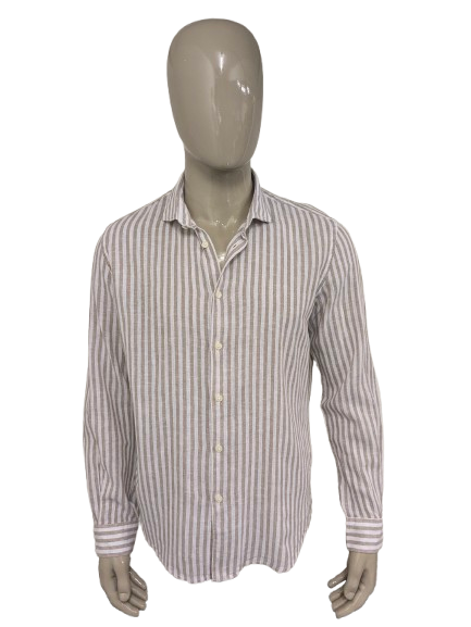 Impure Linnen overhemd. Bruin Wit gestreept. Maat XL. Slim Fit.