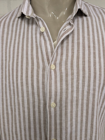 Impure Linnen overhemd. Bruin Wit gestreept. Maat XL. Slim Fit.