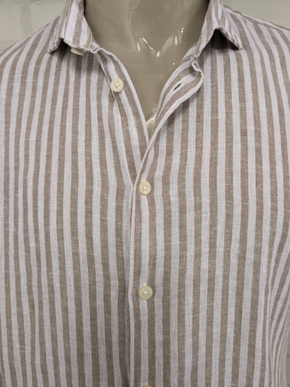 Impure Linnen overhemd. Bruin Wit gestreept. Maat XL. Slim Fit.