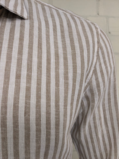 Impure Linnen overhemd. Bruin Wit gestreept. Maat XL. Slim Fit.