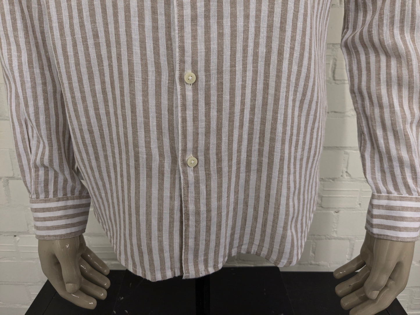 Impure Linnen overhemd. Bruin Wit gestreept. Maat XL. Slim Fit.