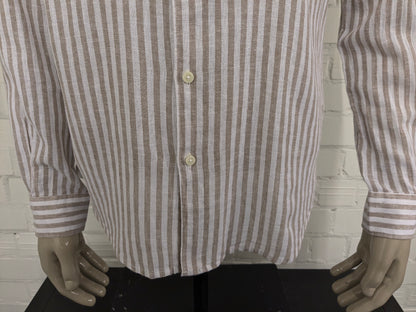 Impure Linnen overhemd. Bruin Wit gestreept. Maat XL. Slim Fit.
