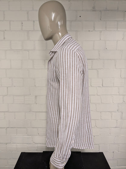 Impure Linnen overhemd. Bruin Wit gestreept. Maat XL. Slim Fit.