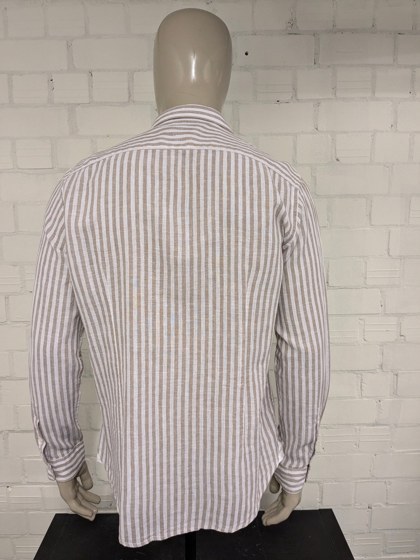 Impure Linnen overhemd. Bruin Wit gestreept. Maat XL. Slim Fit.