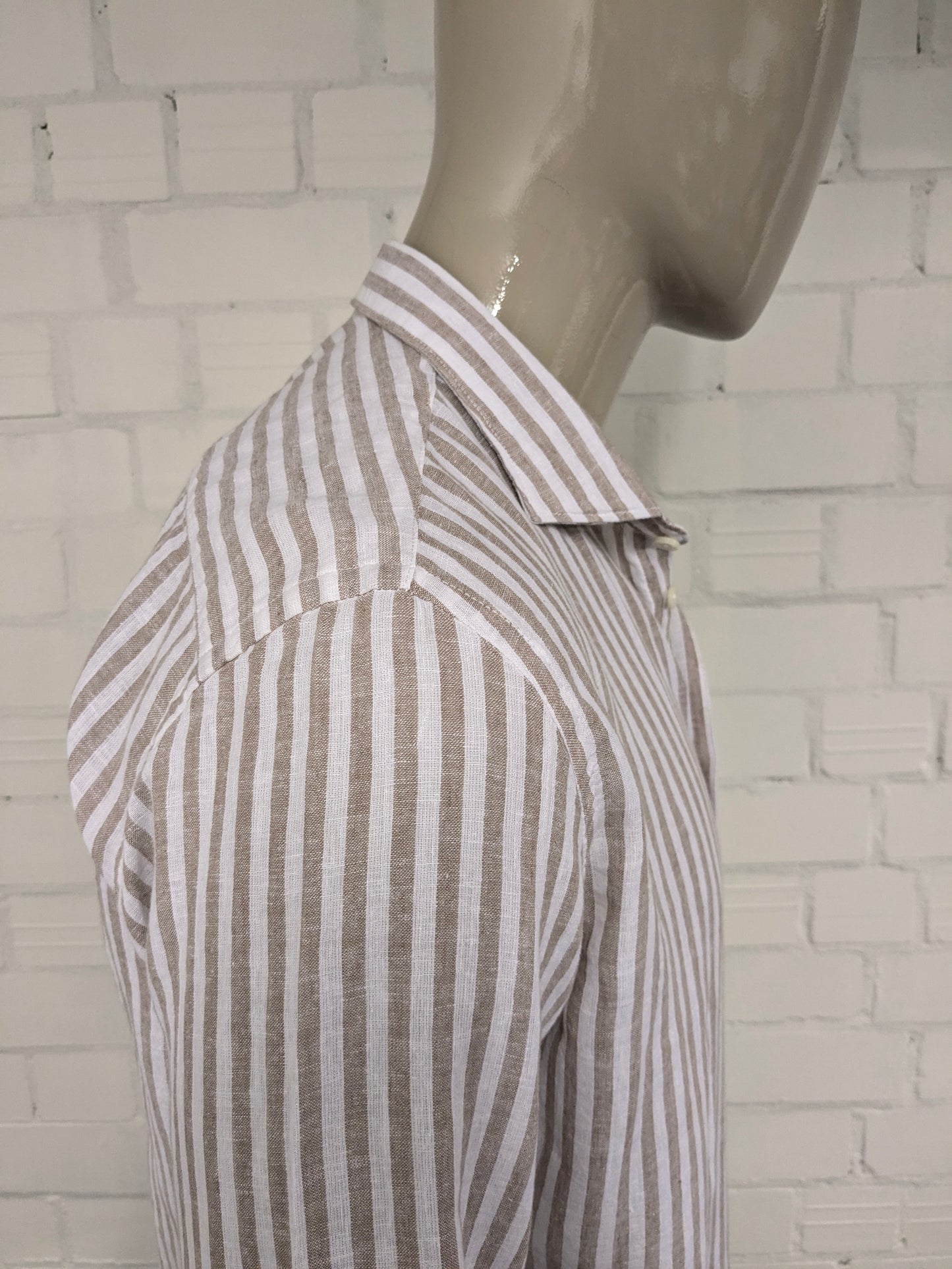 Impure Linnen overhemd. Bruin Wit gestreept. Maat XL. Slim Fit.