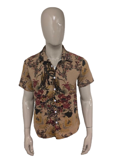 Camicia corta senza marca vintage. Stampa gialla rossa marrone. Taglia L.
