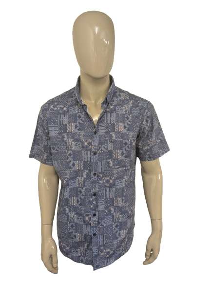 Sleeve corta della camicia di lino Brax. Stampa blu beige. Taglia XL. Fit moderno.