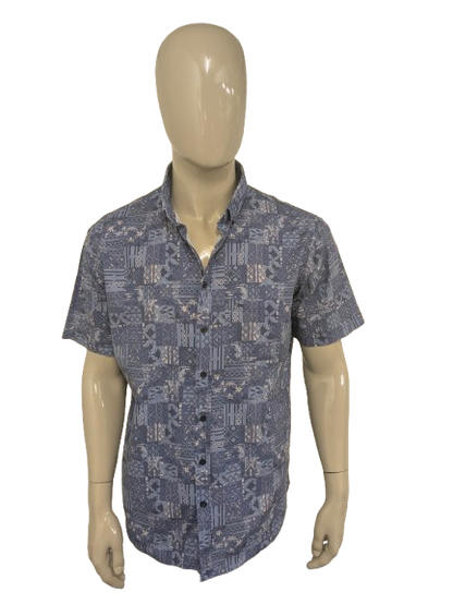 Sleeve corta della camicia di lino Brax. Stampa blu beige. Taglia XL. Fit moderno.