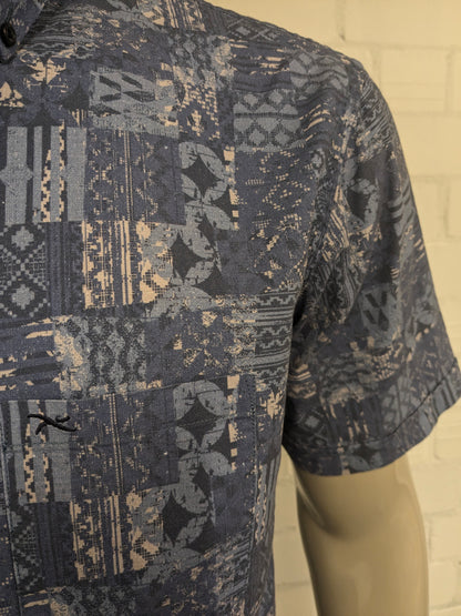 Sleeve corta della camicia di lino Brax. Stampa blu beige. Taglia XL. Fit moderno.