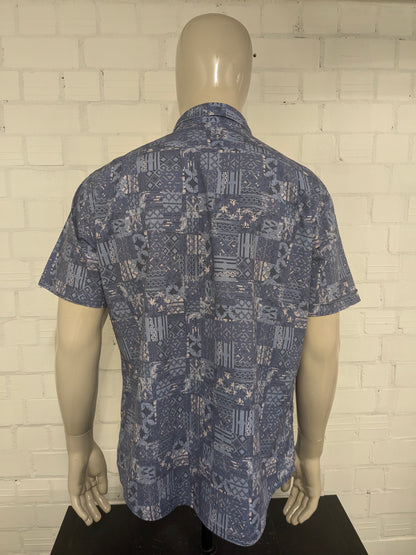 Sleeve corta della camicia di lino Brax. Stampa blu beige. Taglia XL. Fit moderno.