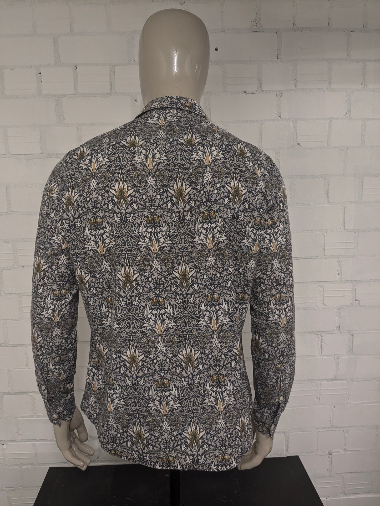 Morris & Co x H&M Shirt. Blue gray mustard yellow print. Size L.