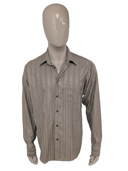 Vintage Michel Ansil overhemd met puntkraag. Beige Zwart geborduurd motief. Maat XL.