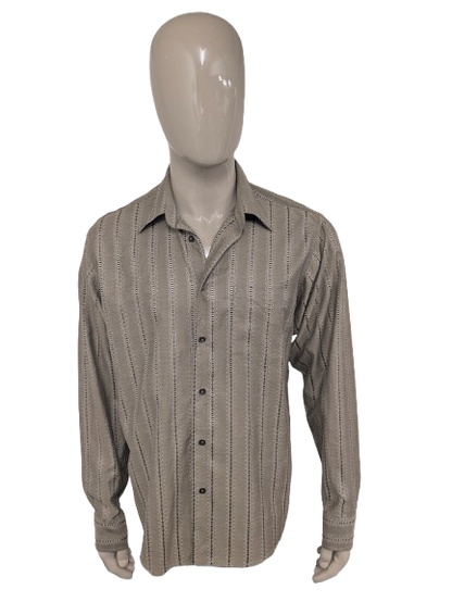 Vintage Michel Ansil overhemd met puntkraag. Beige Zwart geborduurd motief. Maat XL.