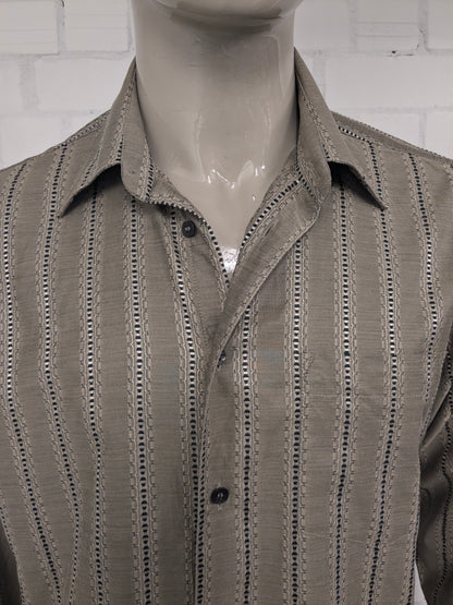 Vintage Michel Ansil overhemd met puntkraag. Beige Zwart geborduurd motief. Maat XL.