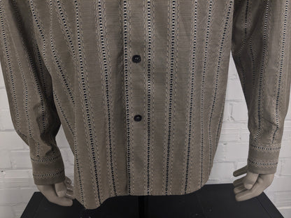 Vintage Michel Ansil overhemd met puntkraag. Beige Zwart geborduurd motief. Maat XL.