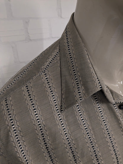 Vintage Michel Ansil overhemd met puntkraag. Beige Zwart geborduurd motief. Maat XL.