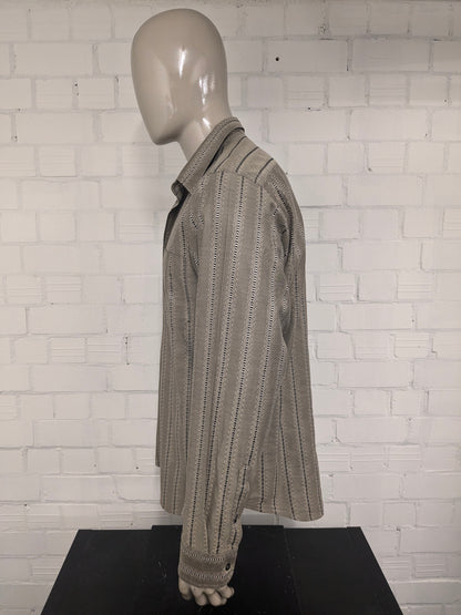 Vintage Michel Ansil overhemd met puntkraag. Beige Zwart geborduurd motief. Maat XL.
