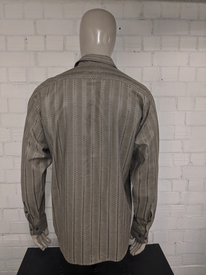 Vintage Michel Ansil overhemd met puntkraag. Beige Zwart geborduurd motief. Maat XL.