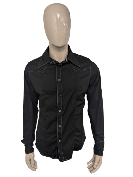 Vintage Energie Gold western overhemd met drukknopen en puntkraag. Zwart + Witte stiksel. Maat L.