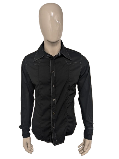 Vintage Energie Gold western overhemd met drukknopen en puntkraag. Zwart + Witte stiksel. Maat L.