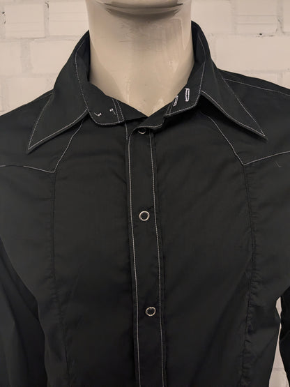 Vintage Energie Gold western overhemd met drukknopen en puntkraag. Zwart + Witte stiksel. Maat L.