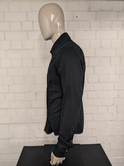 Vintage Energie Gold western overhemd met drukknopen en puntkraag. Zwart + Witte stiksel. Maat L.