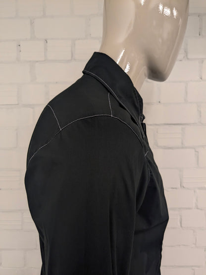 Vintage Energie Gold western overhemd met drukknopen en puntkraag. Zwart + Witte stiksel. Maat L.