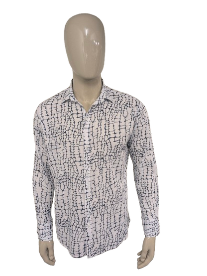 Alfi overhemd. Dunne katoenen luchtig overhemd. Blauw Witte print. Maat L.