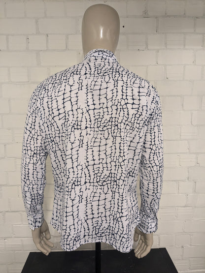 Alfi overhemd. Dunne katoenen luchtig overhemd. Blauw Witte print. Maat L.