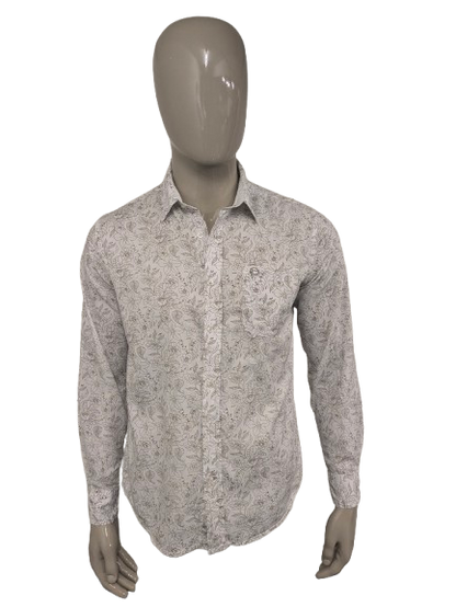 Simpugi di semplicità della maglietta beige marrone floreale. Taglia M.