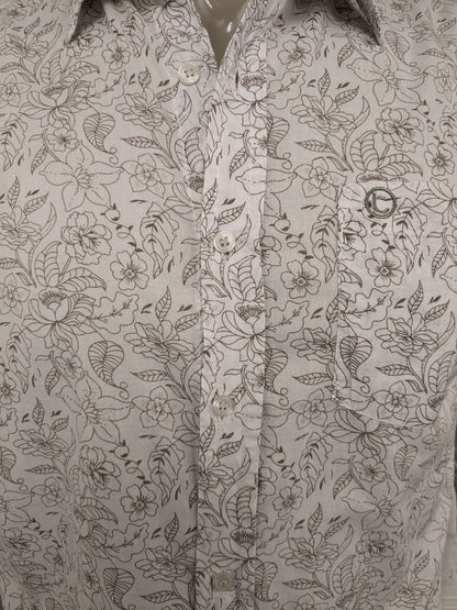 Simpugi di semplicità della maglietta beige marrone floreale. Taglia M.