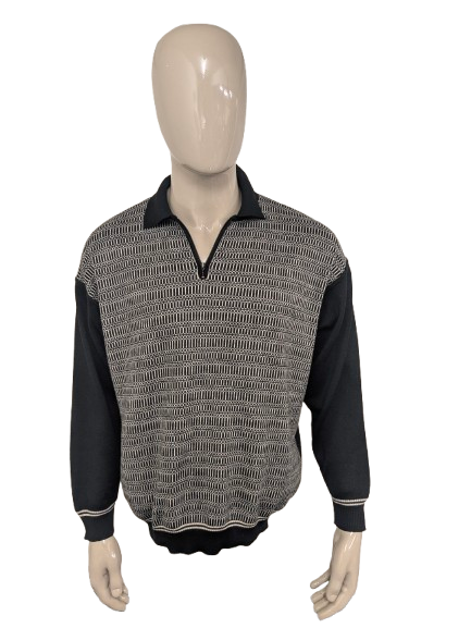 Vintage Ortomag Pullover mit Reißverschluss – Beige/Schwarz – Größe 2XL