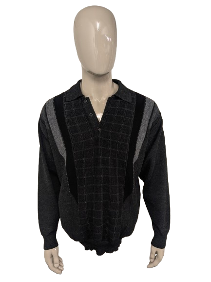 Vintage Belika Woll-Polopullover. Grau Schwarz gefärbt. Größe XL. 50 % Wolle.